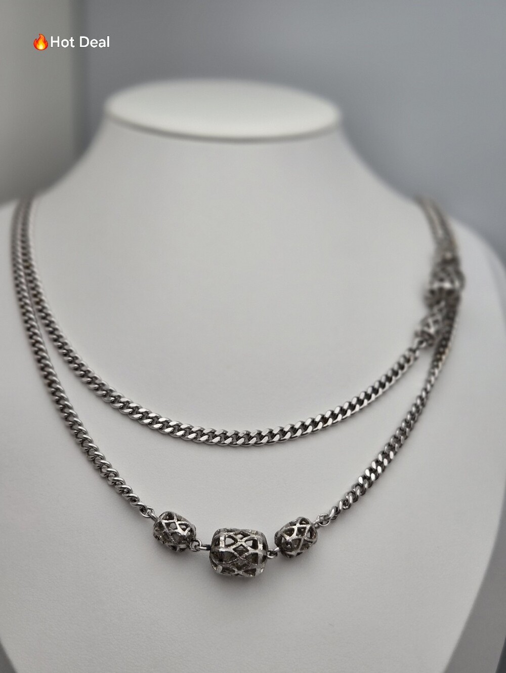 Monet Long Silver Tone Chain Necklace 56" Sliding Filigree Beads Layering Boho